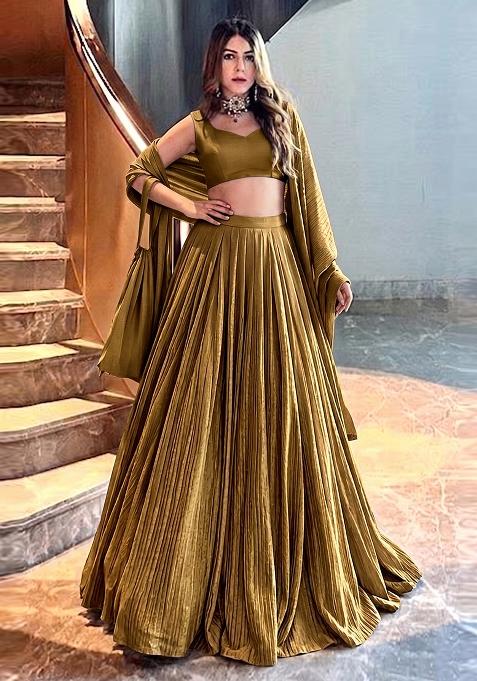 Olive Green Solid Georgette Lehenga Set