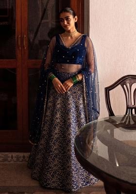 Navy Blue Zari Silk Blend Lehenga Set