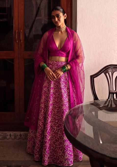 Magenta Pink Zari Silk Lehenga Set