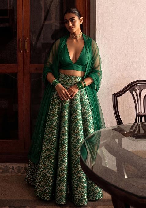 Bottle Green Zari Silk Lehenga Set