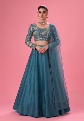Teal Blue Embroidered Georgette Lehenga Set