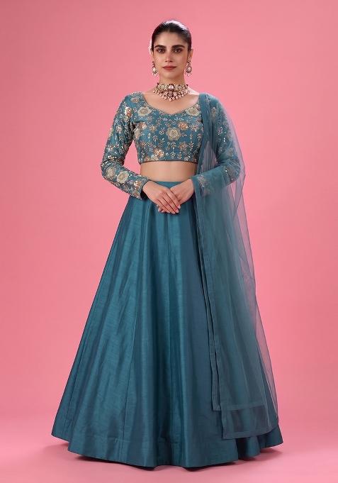 Teal Blue Embroidered Georgette Lehenga Set