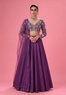Deep Purple Embroidered Georgette Lehenga Set