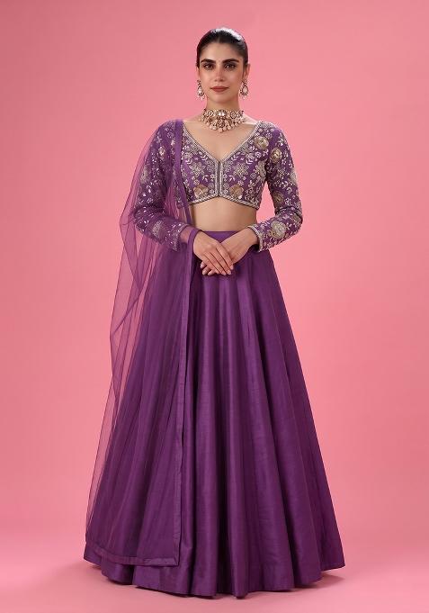 Deep Purple Embroidered Georgette Lehenga Set