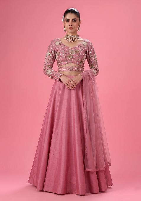 Onion Pink Embroidered Georgette Lehenga Set