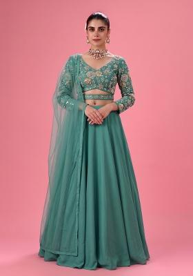 Bottle  Green Embroidered Georgette Lehenga Set
