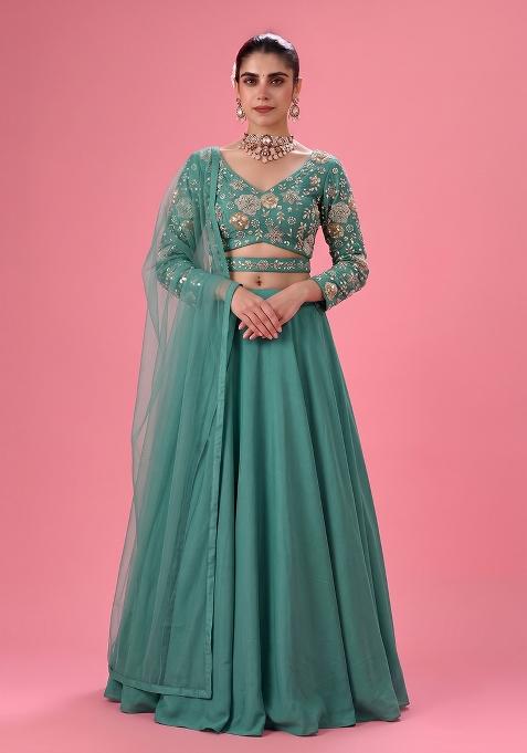 Bottle  Green Embroidered Georgette Lehenga Set