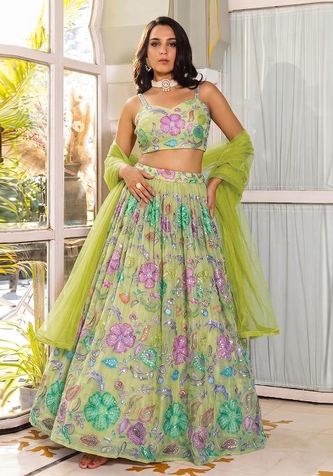 Green Printed Lehenga Set