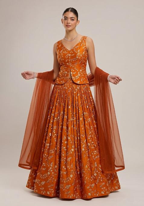 Rust Orange Embroidered Crepe Lehenga Set