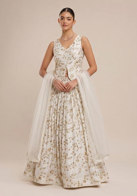 Off White Embroidered Crepe Lehenga Set