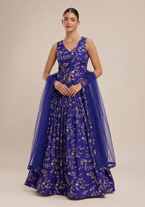 Royal Blue Embroidered Crepe Lehenga Set