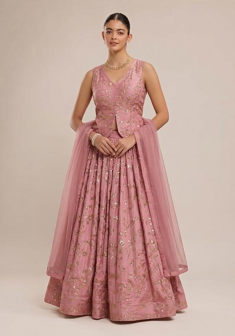 Pastel Pink Embroidered Crepe Lehenga Set