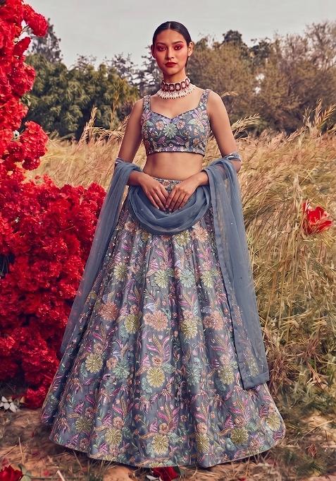 Greyish Blue Printed Crepe Lehenga Set