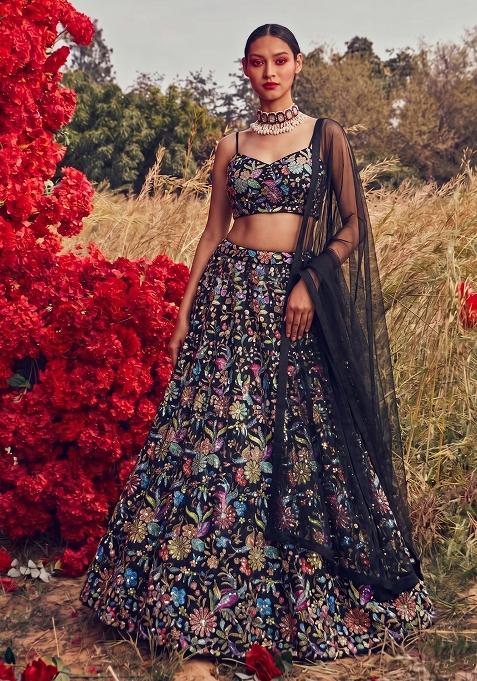 Jet Black Sequin Georgette Lehenga Set