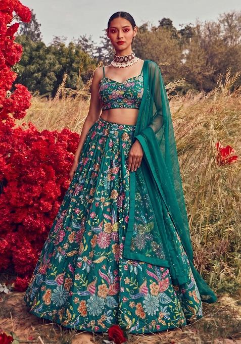 Teal Green Sequin Georgette Lehenga Set