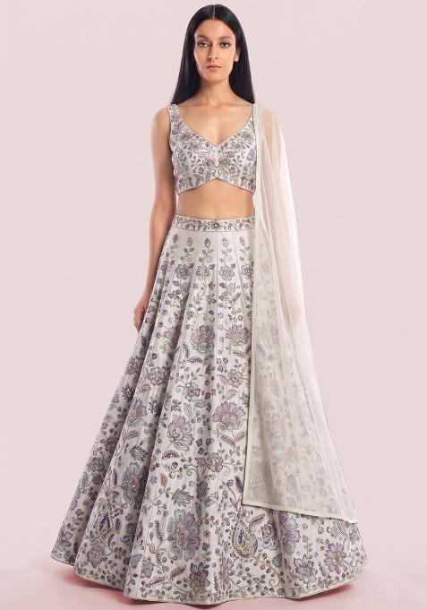 Off White Embroidered Chanderi Lehenga Set