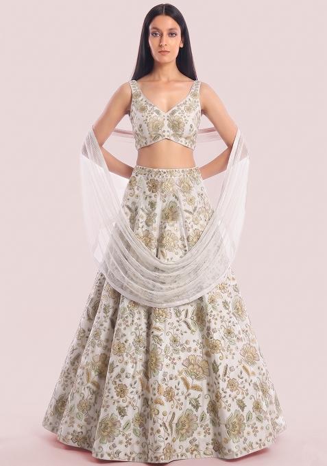 Off-White Embroidered Chanderi Lehenga Set