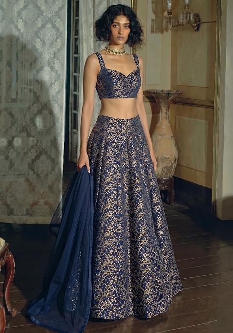 Navy Blue Zari Silk Lehenga Set