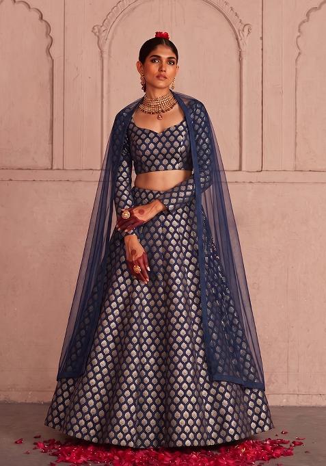 Navy Blue Silk Lehenga Set