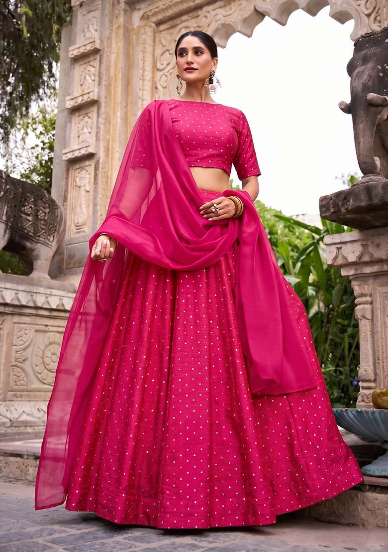 Magenta Pink Embroidered Silk Blend Lehenga Set - Indya