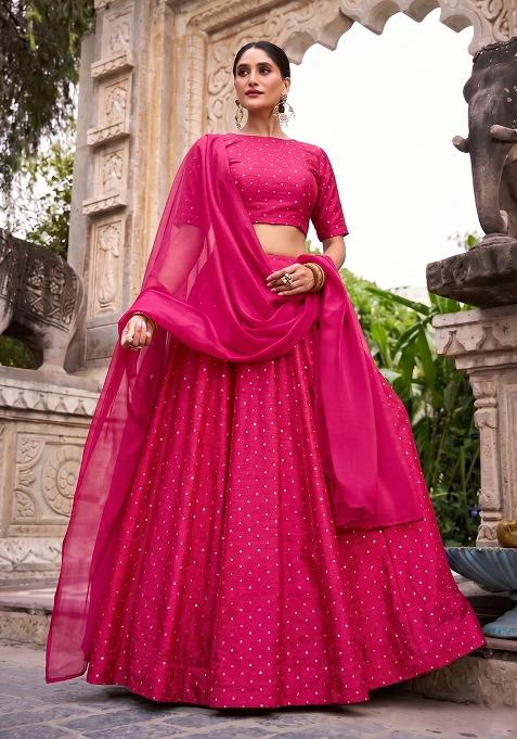 Magenta Pink Embroidered Silk Lehenga Set