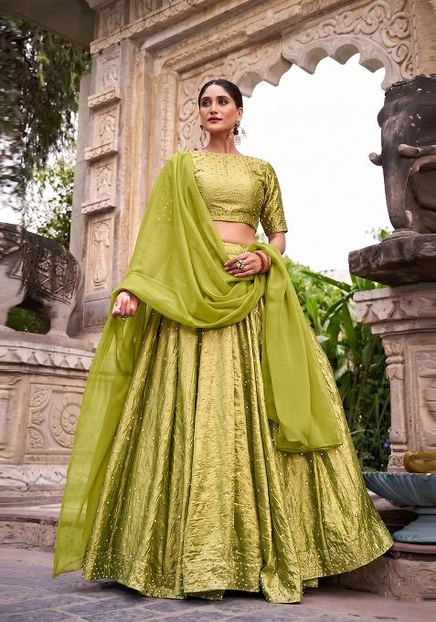 Lime Green Embroidered Silk Lehenga Set
