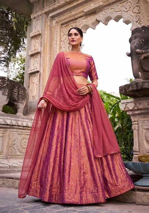Onion Pink Embroidered Silk Lehenga Set