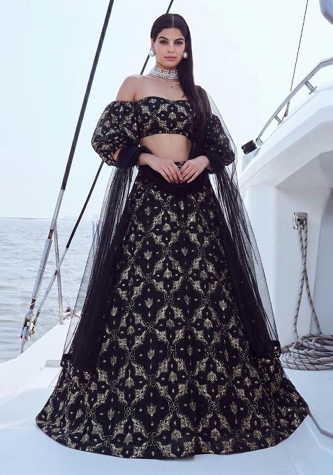 Black Embroidered Organza Lehenga Set