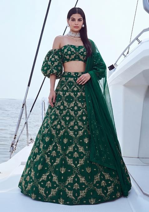 Emerald Green Embroidered Organza Lehenga Set