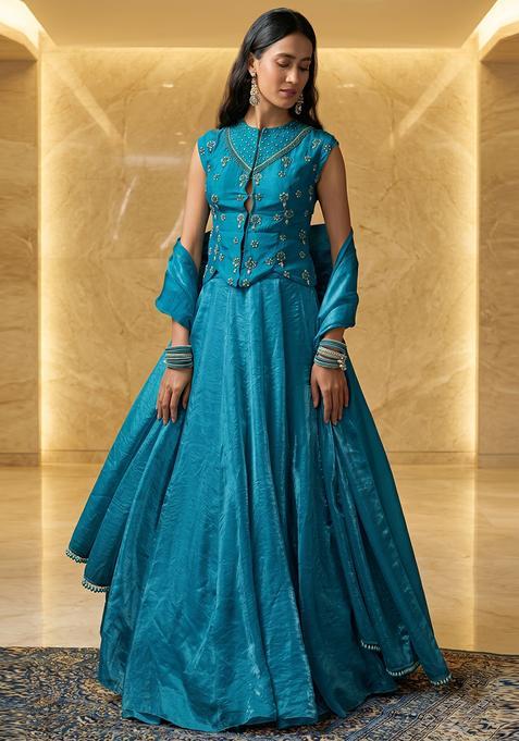 Teal Blue Embroidered Handwork Lehenga Set