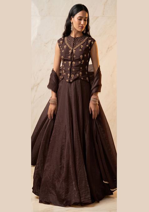 Dark Brown Embroidered Handwork Lehenga Set