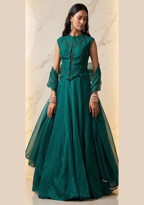 Emerald Green Embroidered Handwork Lehenga Set