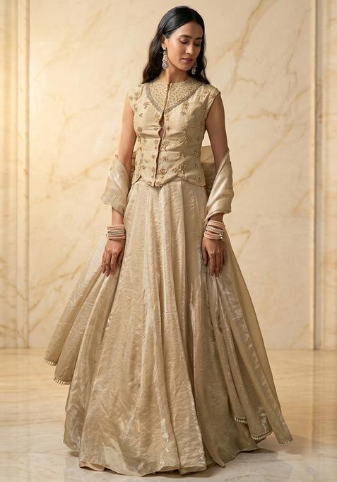 Champagne Beige Embroidered Handwork Lehenga Set