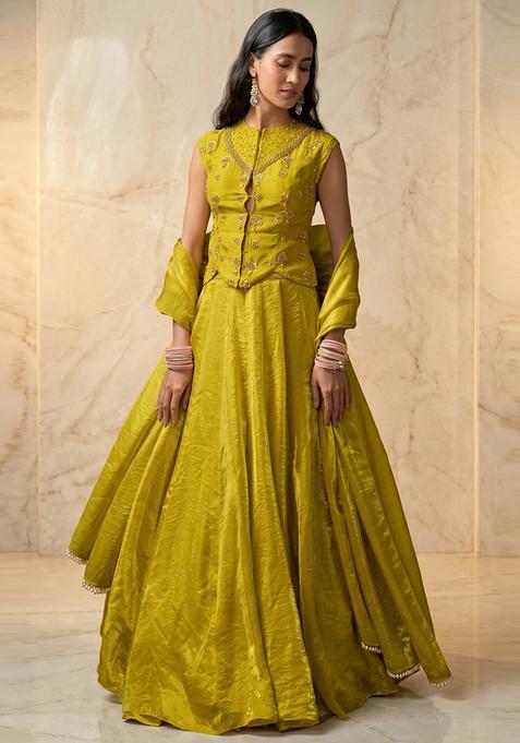 Lime Embroidered Handwork Lehenga Set