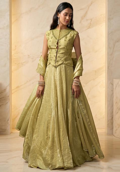Pastel Green Embroidered Handwork Lehenga Set