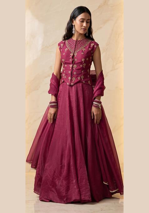Magenta Embroidered Handwork Lehenga Set