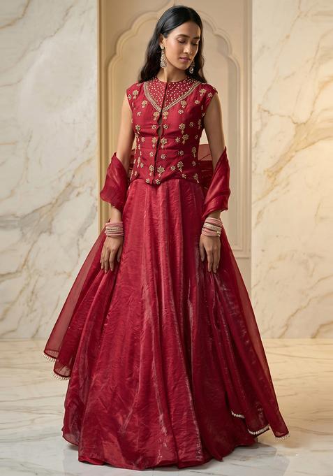 Maroon Embroidered Handwork Lehenga Set