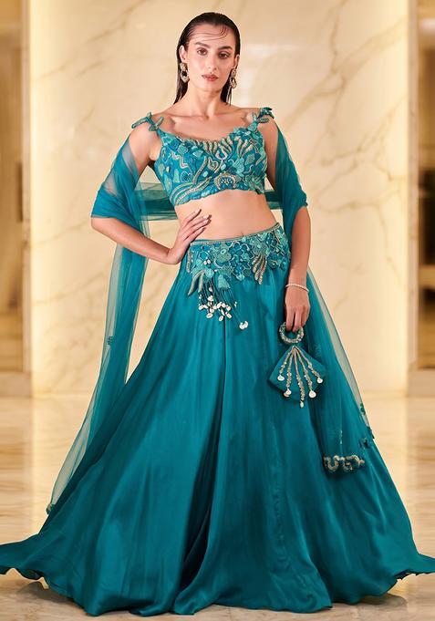 Teal Blue Embroidered Handwork Lehenga Set