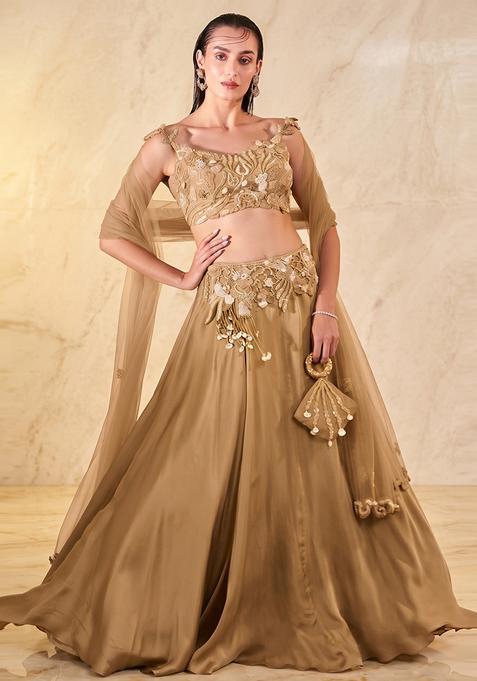 Beige Gold Embroidered Handwork Lehenga Set