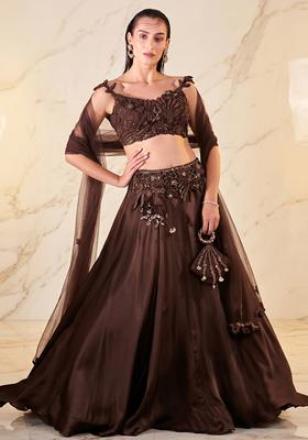 Dark Brown Embroidered Handwork Lehenga Set