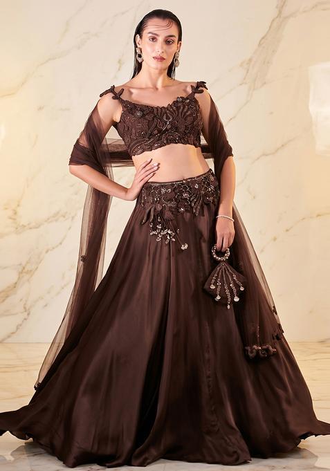 Dark Brown Embroidered Handwork Lehenga Set