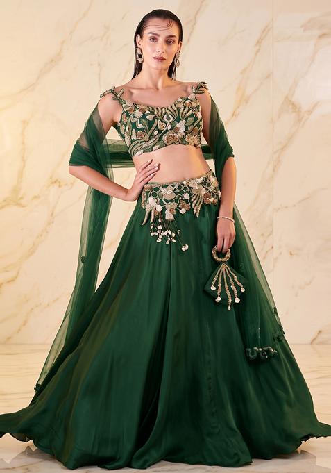 Bottle Green Embroidered Handwork Lehenga Set