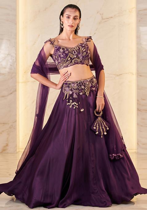 Deep Purple Embroidered Handwork Lehenga Set