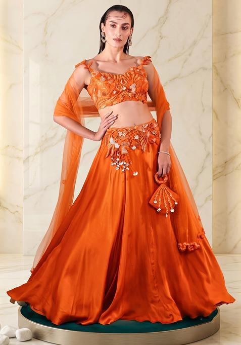 Orange Embroidered Handwork Lehenga Set