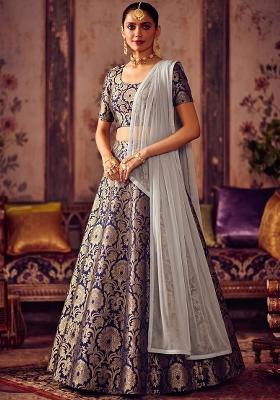 Navy Blue Brocade Lehenga Set