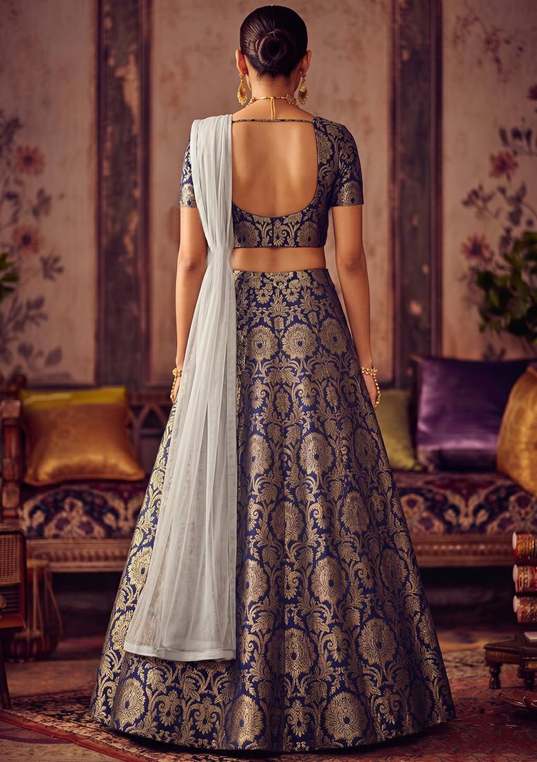 Navy Blue Brocade Lehenga Set - Indya