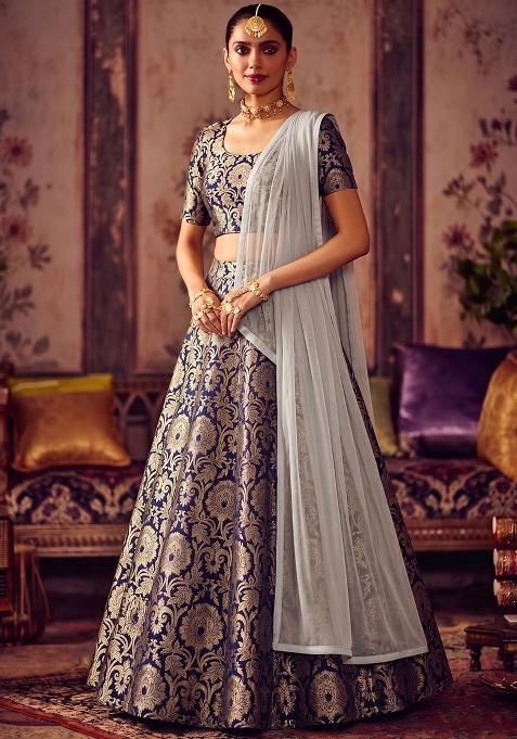Navy Blue Brocade Lehenga Set