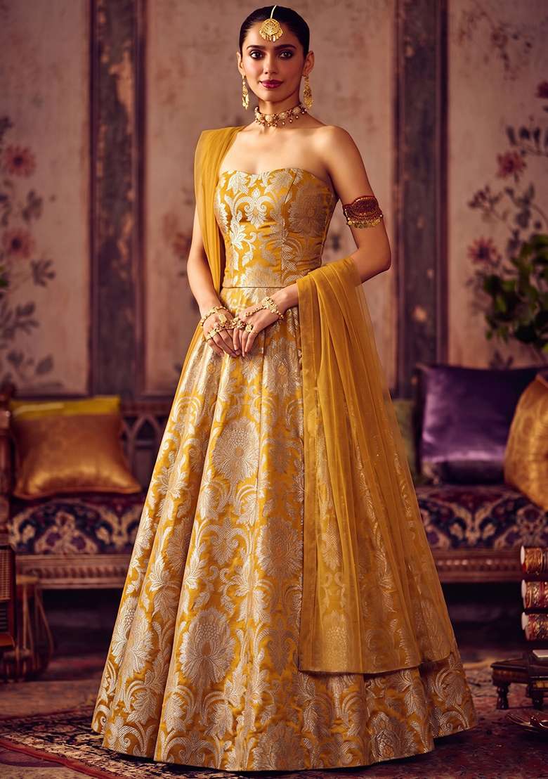 Mustard Yellow Brocade Corset Blouse Lehenga Set - Indya