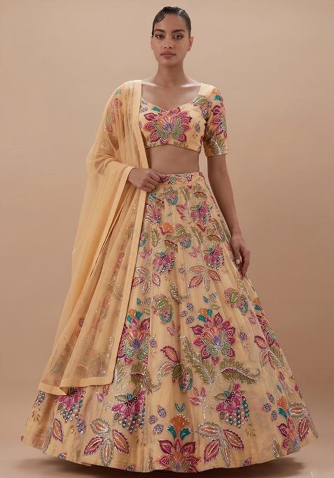 Peach Yellow Printed Organza Lehenga Set