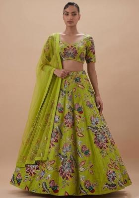 Lime Green Printed Organza Lehenga Set